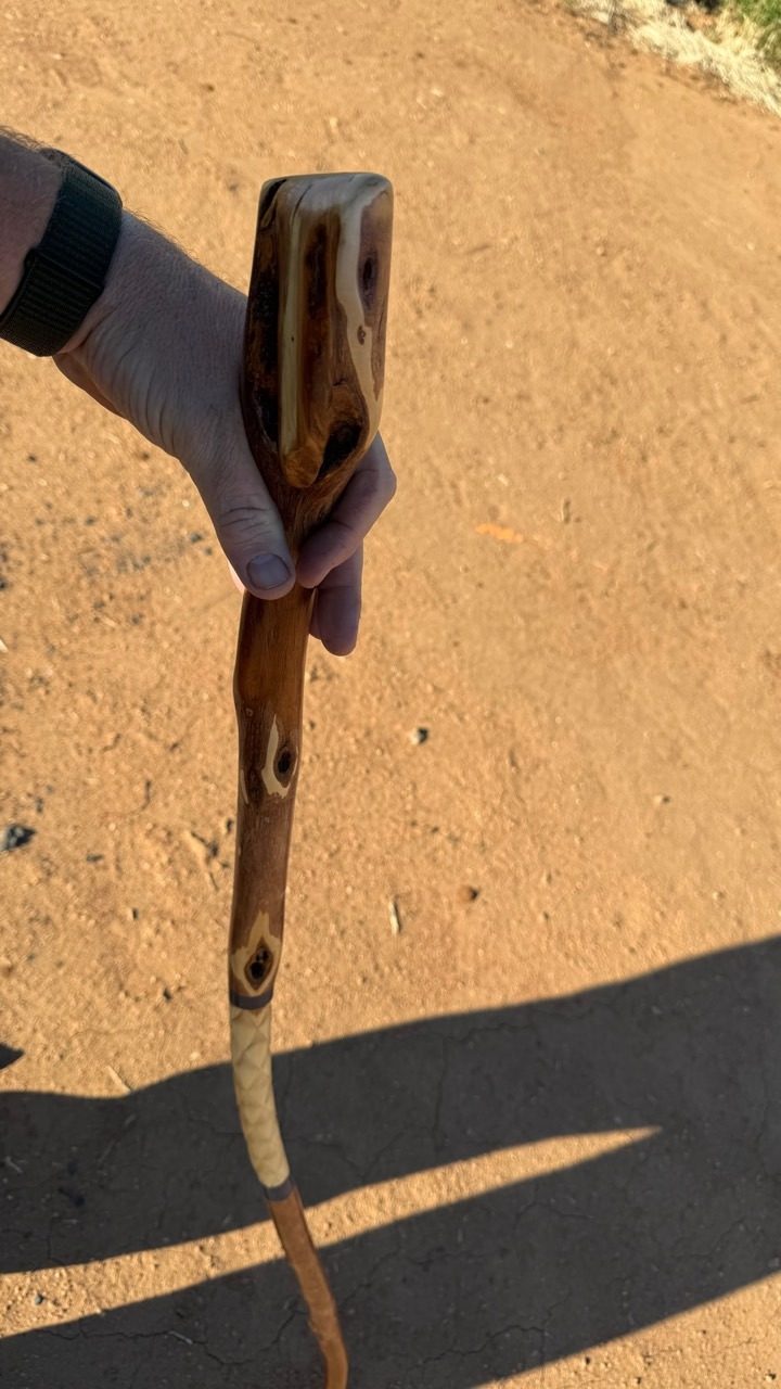 A hand holding the naturally shaped polished grip of a wooden walking stick on a sunlit dirt path.