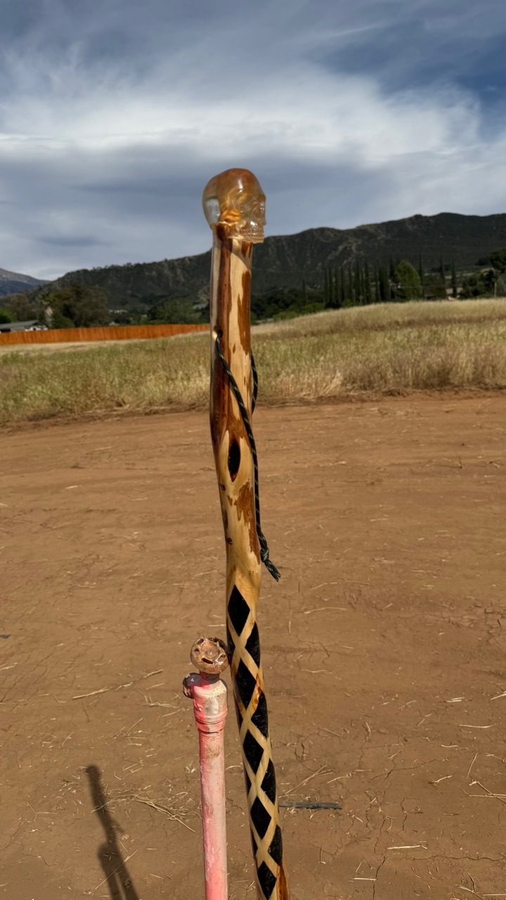 A handmade wooden cane with a clear amber skull finial and black spiral bands in an open field.
