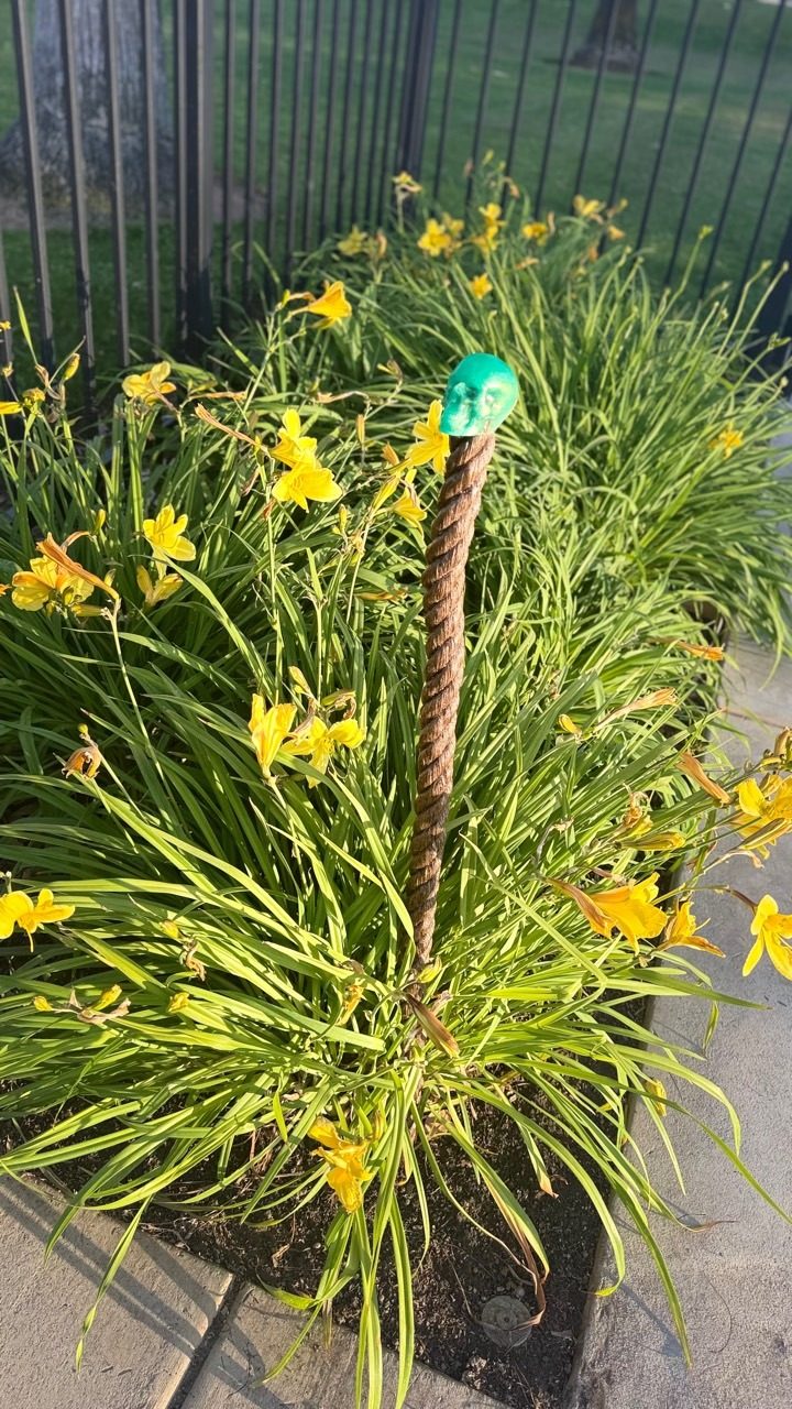 A full rust-colored twisted steel walking piece with a green skull finial standing among daylilies.