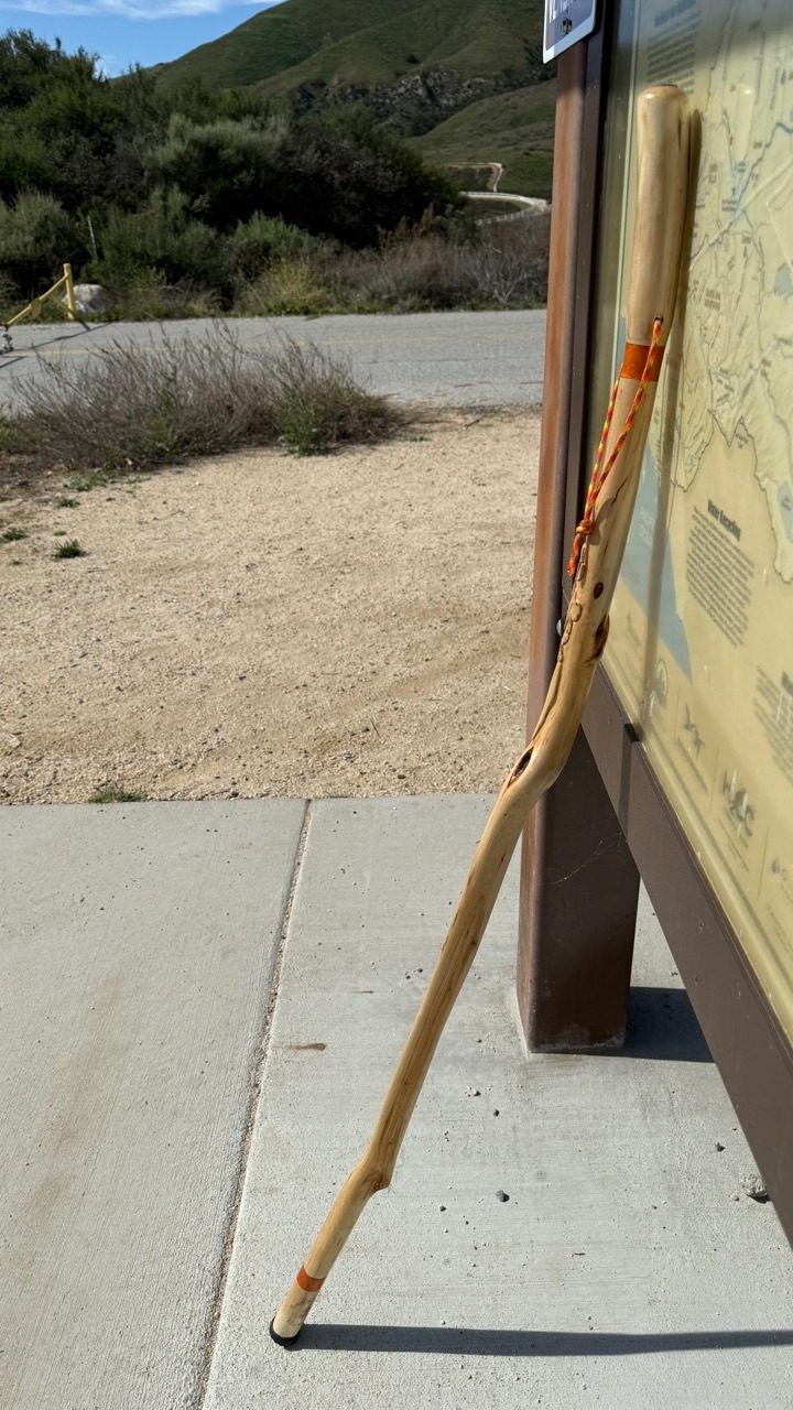 A pale curved walking stick with an orange wrist loop leaning at a mountain trail map.